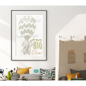 Dream Big Little One, Elephant Nursery Wall Art, Personalized Baby Name Gift, Travel Themed Baby Shower, Hot Air Balloon Adventure Decor