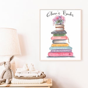 May include: A watercolor illustration of a stack of books with the title "Olivia's Books" at the top. The books are stacked in a tower with a flower pot on top. The books have titles like "Poppy Jakes Paris", "Pride & Prejudice", "Claris", "The Chicest House in Paris", "How to Catch a Unicorn", "Madeline", "The Little Paris Bookshop", and "Cupcake Diaries".