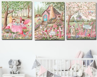 Personalisierte Fairy Garden Party Prints oder Leinwände, 3er-Set, Blumen, Schmetterlinge, Kaninchen, Vögel, Feen, Teeparty, Babypartygeschenk