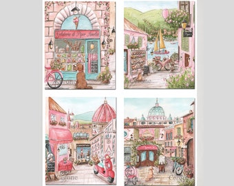 Personalized Italy Art Prints, Rome, Florence, Amalfi, Set Of 4 Pink Travel Themed, Duomo Di Firenze, St Peters Basilica, Italian Home Decor