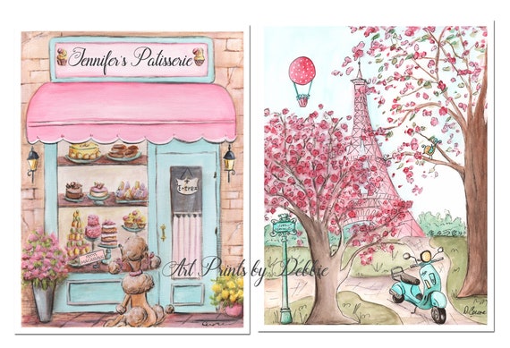 Paris Girls Bedroom Watercolor Prints Set Of 2 Personalized Pink Patisserie Eiffel Tower Paris Themed Party Baby Shower Gift Idea Girl