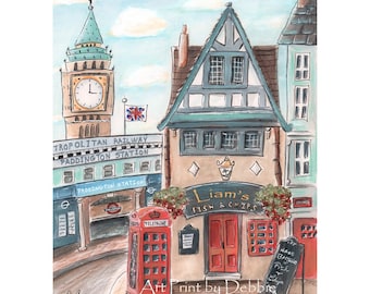 Personalized London Pub Print, Travel Themed Nursery Wall Art, Kids Art, Paddington Station London Nursery, London Gift For Boy Or Girl