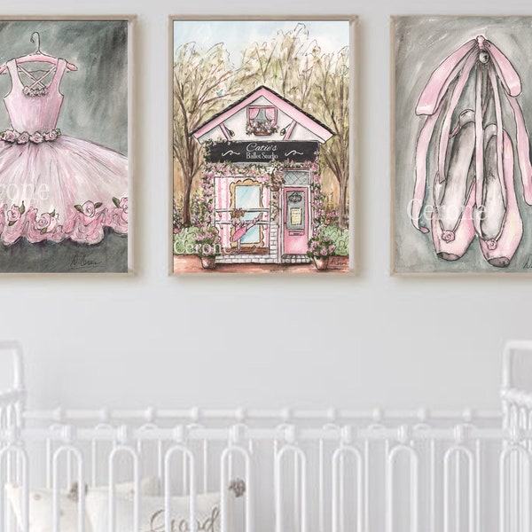 Ballet Art, Set of 3, Toddler Girl Wall Decor, Personalized Gift For Daughter, Blush Pink Ballerina Wall Art For Girl, Choose Hair Color