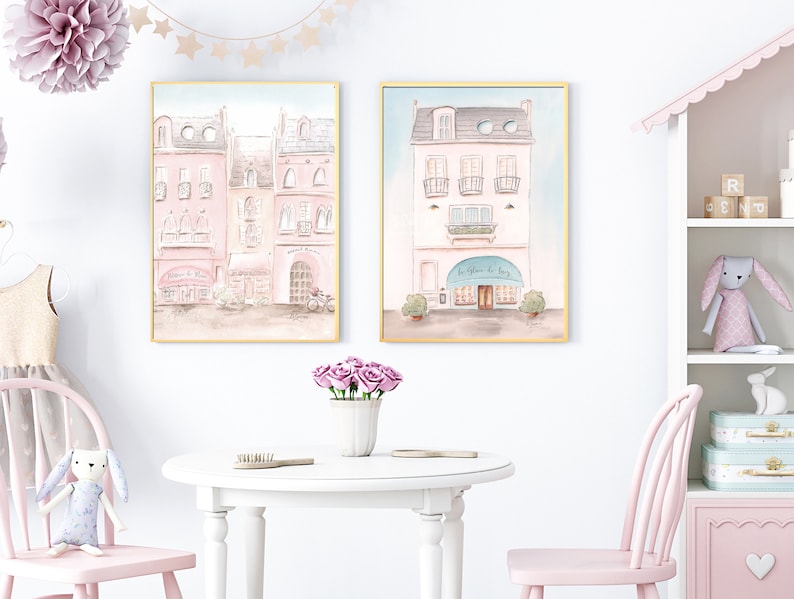 Pastel Pink French Nursery Prints Personalized, Set Of 2 Paintings For Toddler Girl Room, Cute Parisian Watercolors For Travel Theme Bedroom image 9
