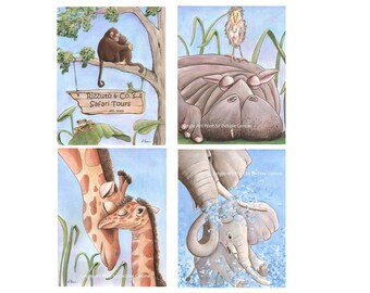 Safari Theme Decor, Personalized Jungle Theme Baby Room Wall Art, Set Of 4, Custom Baby Name, Giraffe, Elephant, Monkey, Hippo