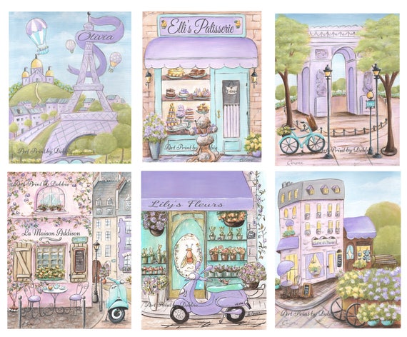 Teal And Purple Paris Personalized Girls Name Artwork Travel Theme Nursery Baby Shower Gift Set Of 6 Patisserie Eiffel Tower 6 Sizes