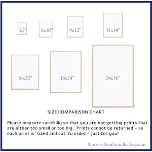 May include: Size comparison chart for prints, showing different frame sizes in inches. The chart includes sizes from 5x7 inches to 24x36 inches. The text reads "Please measure carefully so that you are not getting prints that are either too small or too big. Prints cannot be returned - as each print is 'sized and cut' to order - just for you!" and "NurseryRembrandts.Etsy.com".