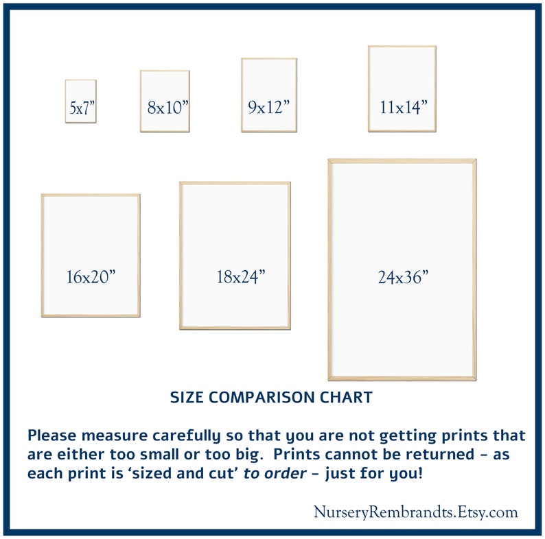 May include: Size comparison chart for prints, showing different frame sizes in inches. The chart includes sizes from 5x7 inches to 24x36 inches. The text reads "Please measure carefully so that you are not getting prints that are either too small or too big. Prints cannot be returned - as each print is 'sized and cut' to order - just for you!" and "NurseryRembrandts.Etsy.com".