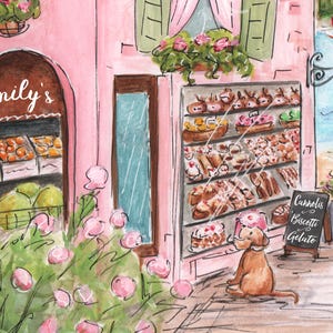 Pode incluir: Uma ilustra&ccedil;&atilde;o em aquarela de um pr&eacute;dio rosa com uma loja chamada "Emily's" que vende doces, cannoli, biscotti e gelato. A loja tem uma vitrine de vidro cheia de doces e uma placa de quadro-negro com o menu. Um cachorro pequeno est&aacute; olhando para os doces na vitrine.