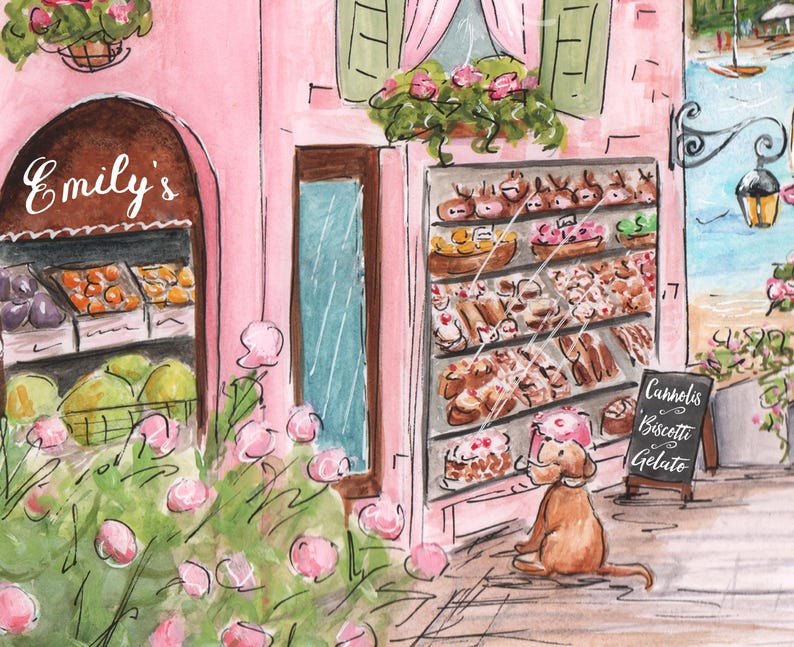 Pode incluir: Uma ilustra&ccedil;&atilde;o em aquarela de um pr&eacute;dio rosa com uma loja chamada "Emily's" que vende doces, cannoli, biscotti e gelato. A loja tem uma vitrine de vidro cheia de doces e uma placa de quadro-negro com o menu. Um cachorro pequeno est&aacute; olhando para os doces na vitrine.