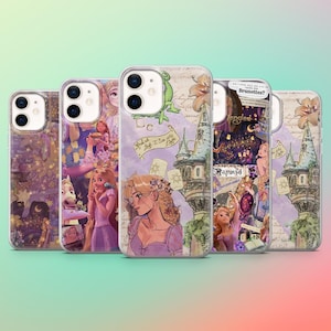 Könnte beinhalten: Fünf Handyhüllen mit verschiedenen Designs mit Illustrationen von Rapunzel aus dem Film Rapunzel. Die Hüllen haben ein lila-goldenes Farbschema mit Bildern des Schlosses, Laternen und dem Text "Brunettes?" und "Rapunzel".