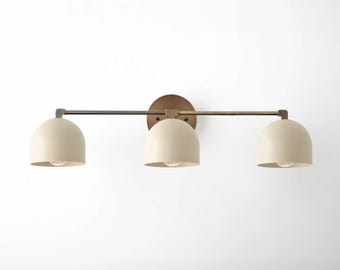 Modern 3 Light Vanity Wall Sconce – Brass Bathroom Light Fixture, Cream Dome Shades, Mid Century Wall Lamp, Kitchen Vanity Lighting