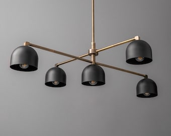 Modern 5 Light Chandelier, Black Dome Pendant Light, Mid Century Brass Ceiling Fixture, Kitchen Island Lighting, Minimalist Linear Light