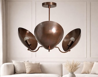Mid Century Modern Brass Chandelier | 3 Light Curved Shape Semi Flush Mount Ceiling Light | Antique Brass Modern Sputnik Fixture