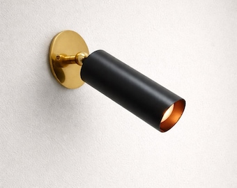 Mid Century Brass Wall Sconce, Black Cylinder Spotlight, Adjustable Arm Wall Light, Modern Bedside Lamp, Industrial Wall Lighting