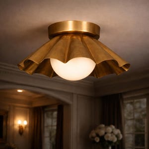 Mid Century Brass Flush Mount Ceiling Light, Vintage Scalloped Shade, Modern Luxury Lighting, Gold Ceiling Fixture, Bedroom Hallway Light