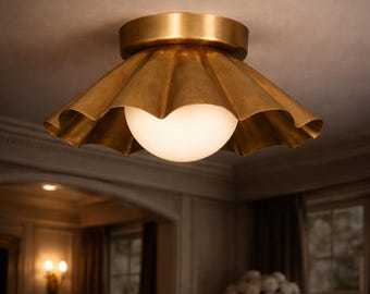 Mid Century Brass Flush Mount Ceiling Light, Vintage Scalloped Shade, Modern Luxury Lighting, Gold Ceiling Fixture, Bedroom Hallway Light