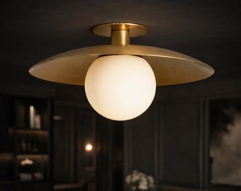 Modern Brass Flush Mount Ceiling Light, Mid Century Globe Light, Minimalist Semi Flush Fixture, Kitchen Bedroom Lighting