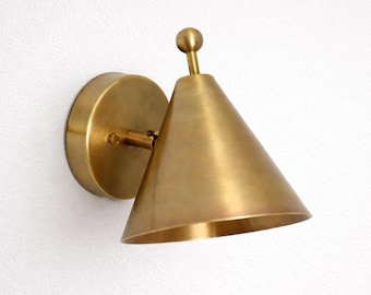Mid Century Brass Wall Sconce | Modern Cone Shade Wall Light | Adjustable Raw Brass Reading Lamp | Bedroom Bedside Sconce