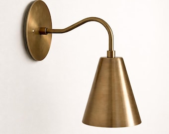 Mid Century Brass Wall Sconce | Modern Cone Shade Wall Light | Antique Brass Reading Lamp | Bedroom Bedside Light Fixture