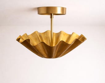 Handmade Brass Flush Mount Light, Mid Century Modern Ceiling Light, Scalloped Flower Shade Fixture, Luxury Gold Ceiling Lamp