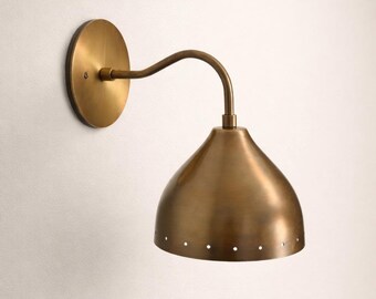 Perforated Brass Wall Sconce, Curved Arm Wall Light, Mid Century Modern Brass Lamp, Vintage Bedside Reading Light, Industrial Wall Fixture