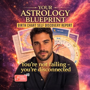 May include: An advertisement for an astrology report. The image features a man in front of a cosmic background with the text "YOUR ASTROLOGY BLUEPRINT BIRTH CHART SELF DISCOVERY REPORT". The text "You're not failing - you're disconnected" is also present.