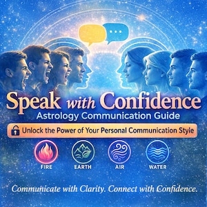 Puede incluir: Una portada de libro azul y dorada con el título "Speak with Confidence" y el subtítulo "Astrology Communication Guide". Presenta ilustraciones de personas y símbolos de fuego, tierra, aire y agua. También está presente el texto "Unlock the Power of Your Personal Communication Style".