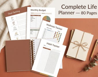 Kompletter Lebensplaner 80-seitiges PDF zum Ausdrucken | Undatiert Life Organizer Ziele Wellness Budget Habits Essensplanung Dankbarkeit Journal