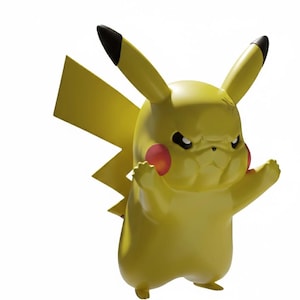 Op de afbeelding: Een gele Pikachu-figuur met een boze uitdrukking. De figuur heeft zwartgepunte oren, rode wangen en een bliksemvormige staart. De armen zijn geheven en het lijkt in een vechthouding te staan. De achtergrond is wit.