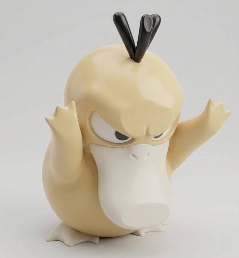 Op de afbeelding: Een lichtgele Psyduck-figuur met een witte snavel en voeten en zwart haar. Het beeldje heeft een boze uitdrukking met de armen omhoog. Het beeldje is een verzamelobject.