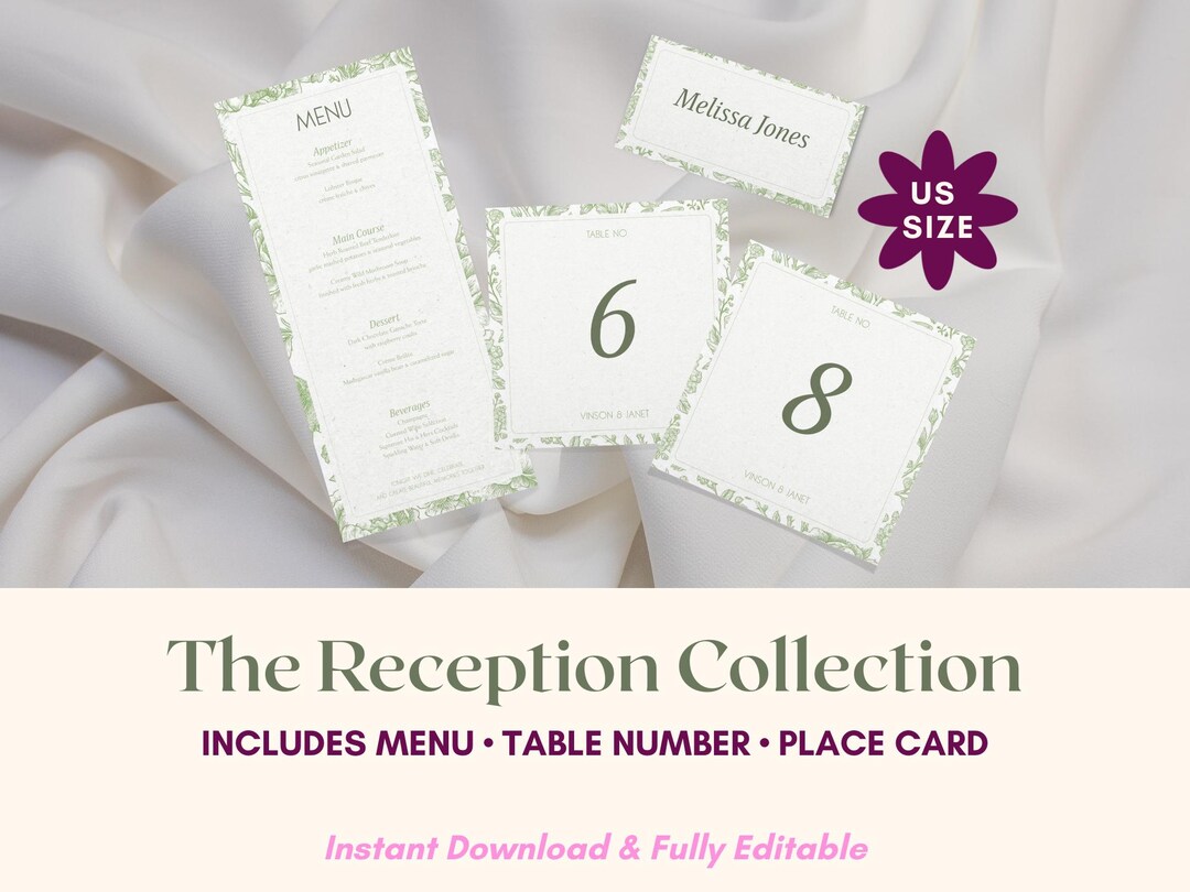 Editable Floral Wedding Reception Bundle Menu, Table Number, Place Card ...