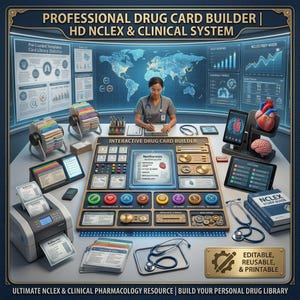 May include: A digital interface titled Professional Drug Card Builder and HD NCLEX & Clinical System featuring a central interactive console, medical reference cards, a printer, a stethoscope, and tablets displaying anatomical data and study guides.