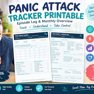 May include: A two-page panic attack tracker printable in US Letter 8.5 x 11 inch format. The document includes an episode log and monthly overview with checkboxes for symptoms, triggers, and coping strategies, featuring the Digitelax logo.