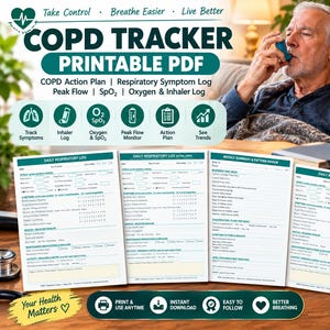 May include: A COPD tracker printable PDF set featuring daily respiratory logs, weekly summary sheets, and symptom tracking forms. The documents include sections for peak flow, SpO2, inhaler usage, and action plans, all presented in a clean, teal-themed layout.