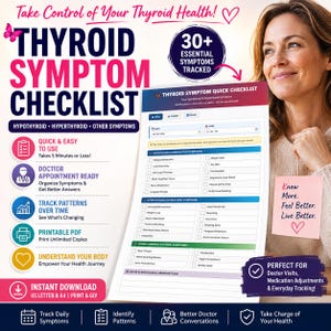 May include: A Thyroid Symptom Quick Checklist document featuring sections for hypothyroid, hyperthyroid, and other symptoms. The page includes checkboxes for tracking fatigue, weight changes, and mood, with a header stating Take Control of Your Thyroid Health.