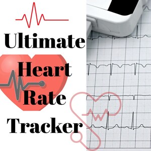 May include: A medical diagnostic tool featuring a red heart graphic with a black heartbeat line, the text "Ultimate Heart Rate Tracker," and a white paper strip showing an electrocardiogram rhythm with three gray leads labeled A, B, and C.