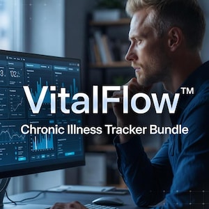 May include: A computer monitor displaying data charts and graphs with the text VitalFlow Chronic Illness Tracker Bundle. The screen shows a dark interface with blue graphical elements, and the text is centered in white over the display.