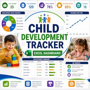 May include: A digital child development tracker Excel dashboard featuring a central title, a pie chart of development areas, a progress line graph, and a summary table. The layout includes icons for total children, assessments, and milestones, with photos of children.