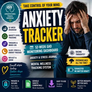 May include: Anxiety tracker digital dashboard featuring text that reads Take Control Of Your Mind, Anxiety Tracker, 52-Week GAD Monitoring Dashboard, Anxiety & Stress Journal, and Mental Wellness Tracking System, with icons for mood, sleep, and stress tracking.