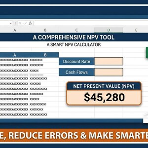 May include: A digital download graphic featuring a spreadsheet interface labeled "A Comprehensive NPV Tool" with a calculated value of $45,280. The image includes money bags, coins, and a rising graph, with the text "Save Time, Reduce Errors & Make Smarter Moves."