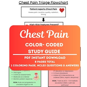 May include: A color-coded study guide for chest pain, featuring a flowchart and key information. The guide includes a PDF instant download with 8 pages, a coloring page, and NCLEX questions and answers. The text reads "Chest Pain" in large letters.