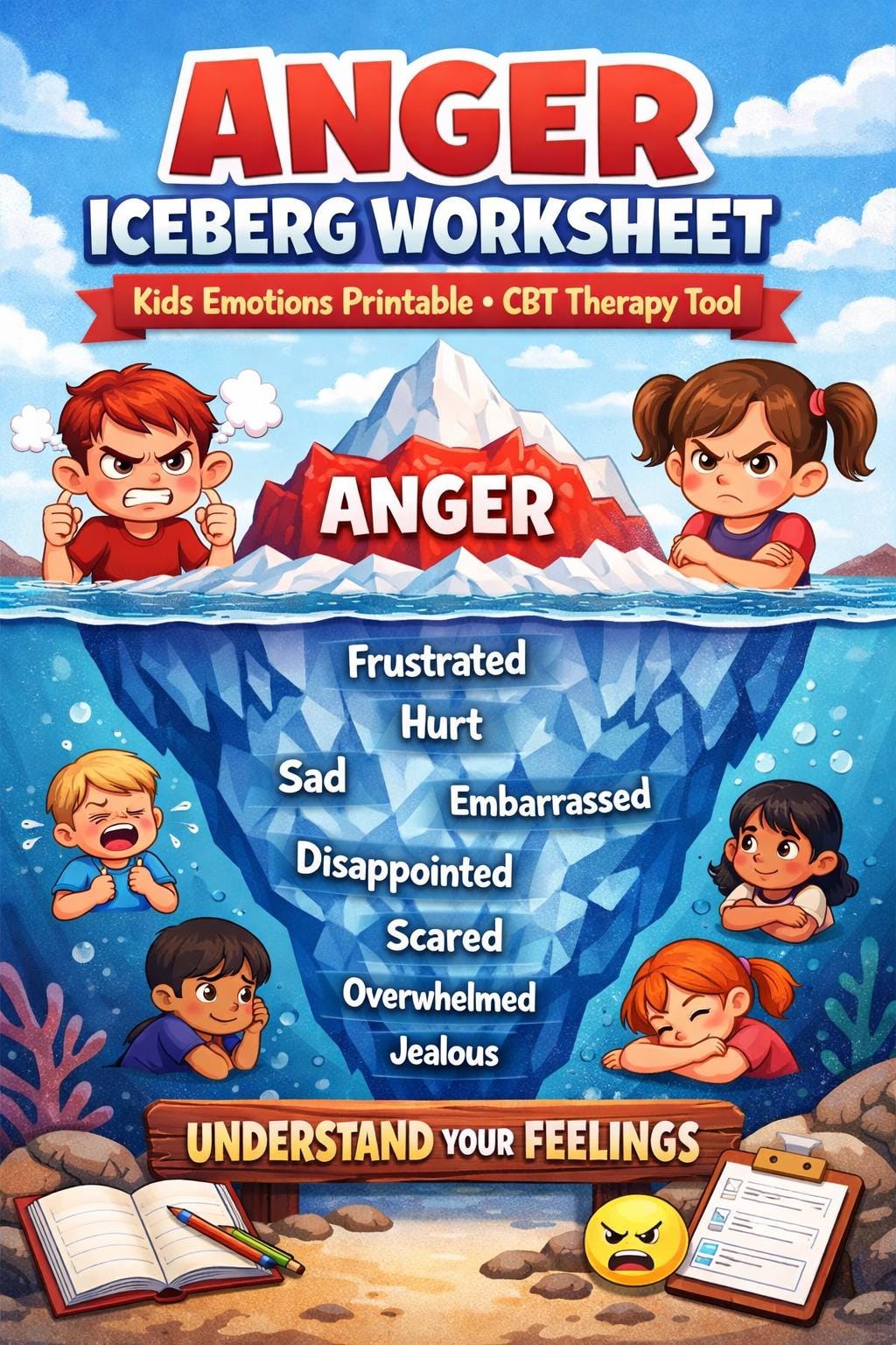 Anger Iceberg Worksheet for Kids CBT Therapy Tool (instant Download PDF ...