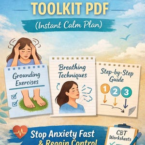 Puede incluir: Un kit de herramientas digital para ataques de pánico, con ilustraciones y texto. La imagen incluye el título "PANIC ATTACK TOOLKIT PDF" y secciones sobre ejercicios de conexión a tierra, técnicas de respiración y una guía paso a paso. También incluye hojas de trabajo de TCC.