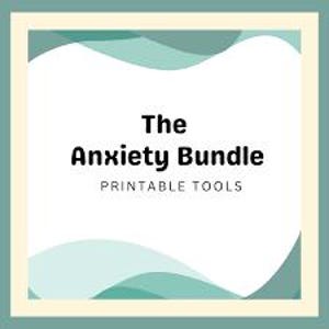 May include: Square graphic with a light green border and a white interior. The text "The Anxiety Bundle" is in bold black font, with "PRINTABLE TOOLS" below in a smaller font. Teal and light blue wavy shapes are in the background.
