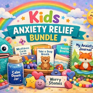 May include: A colorful illustration of a Kids Anxiety Relief Bundle. The image includes a teal monster, a jar labeled "Calm Down Jar", a journal, and a spray bottle. The text "Kids Anxiety Relief Bundle" is displayed above the items.