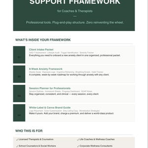 May include: A digital product advertisement for an anxiety support framework. The design features a dark green header with white text, including the title "A DONE-FOR-YOU ANXIETY SUPPORT FRAMEWORK." The content is organized into sections detailing the framework's components and target audience.