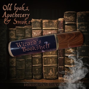 May include: A cylindrical container with the text "Wizard's Bookshelf" in a dark blue and brown design. The container is set against a backdrop of old books on a shelf, with wisps of smoke in the foreground. The words "Old books, Apothecary & Smoke" are in the upper left corner.