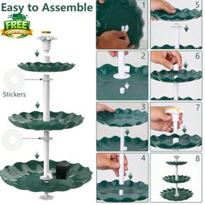 Pode incluir: Um suporte de servir de tr&ecirc;s n&iacute;veis, verde escuro, com suportes brancos. O suporte &eacute; mostrado montado e desmontado, com instru&ccedil;&otilde;es passo a passo. O texto "Easy to Assemble" est&aacute; no canto superior esquerdo.