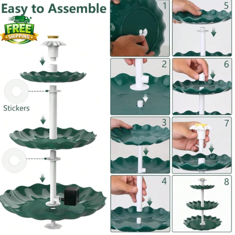 Pode incluir: Um suporte de servir de tr&ecirc;s n&iacute;veis, verde escuro, com suportes brancos. O suporte &eacute; mostrado montado e desmontado, com instru&ccedil;&otilde;es passo a passo. O texto "Easy to Assemble" est&aacute; no canto superior esquerdo.